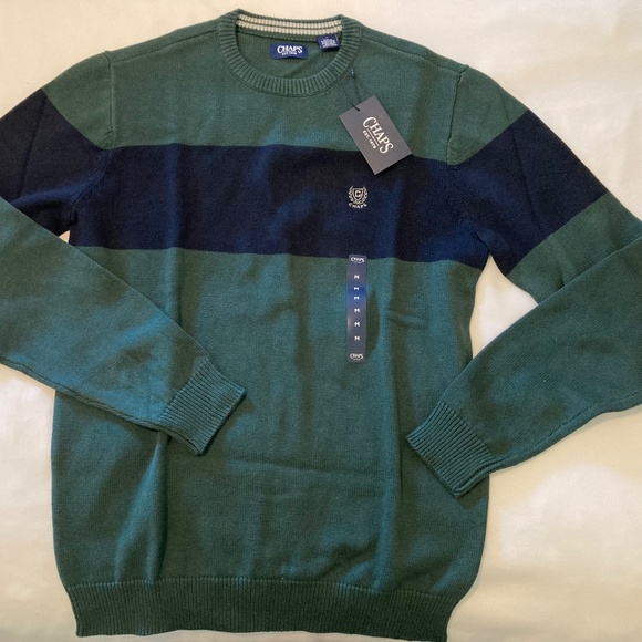 NWT Chaps Green Sweater with Blue Stripe Men's Medium - Picture 1 of 2